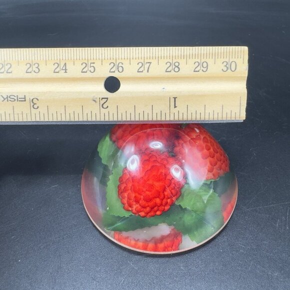 Dome Shape Acrylic Resin Lucite Round Paperweight Red Raspberry Leaves Vintage - Picture 3 of 13